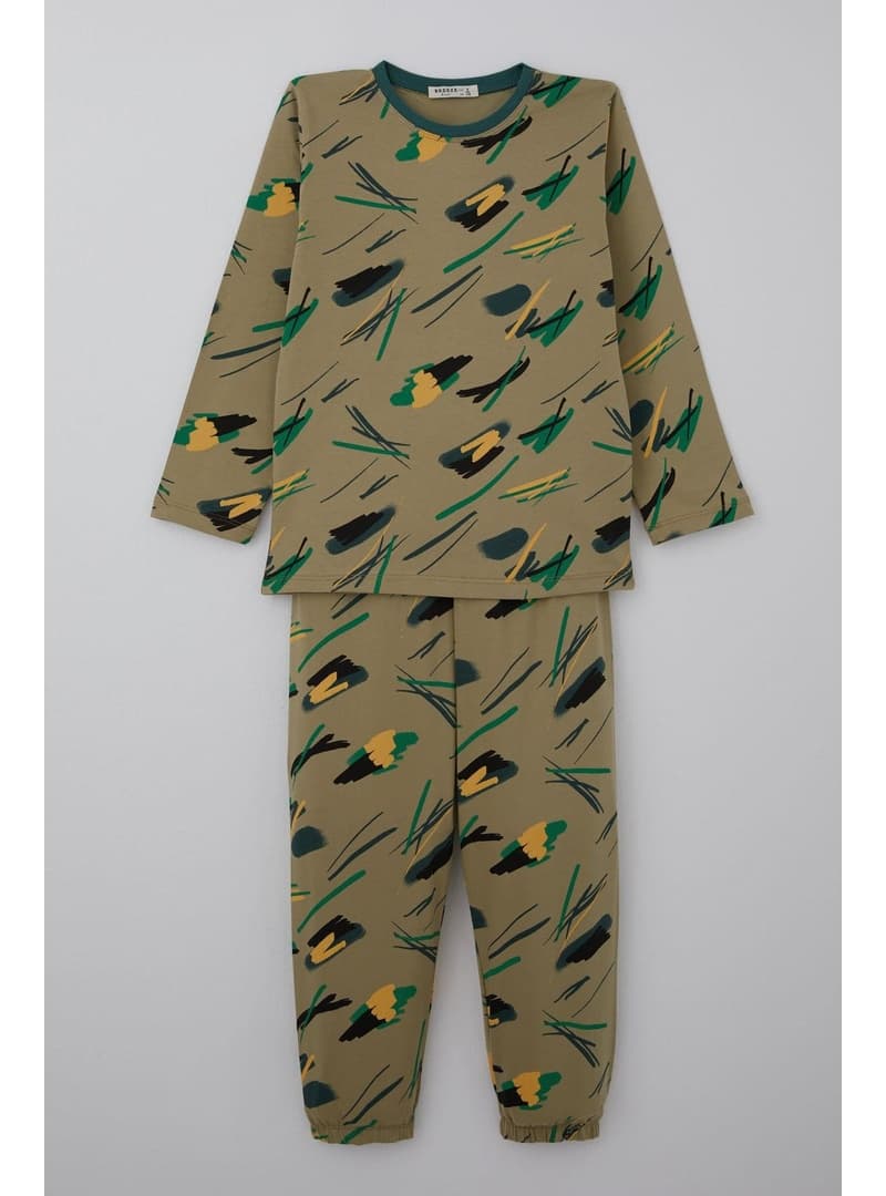 Breeze Erkek Çocuk Pijama Takımı Uykucu Fırça Desenli Haki