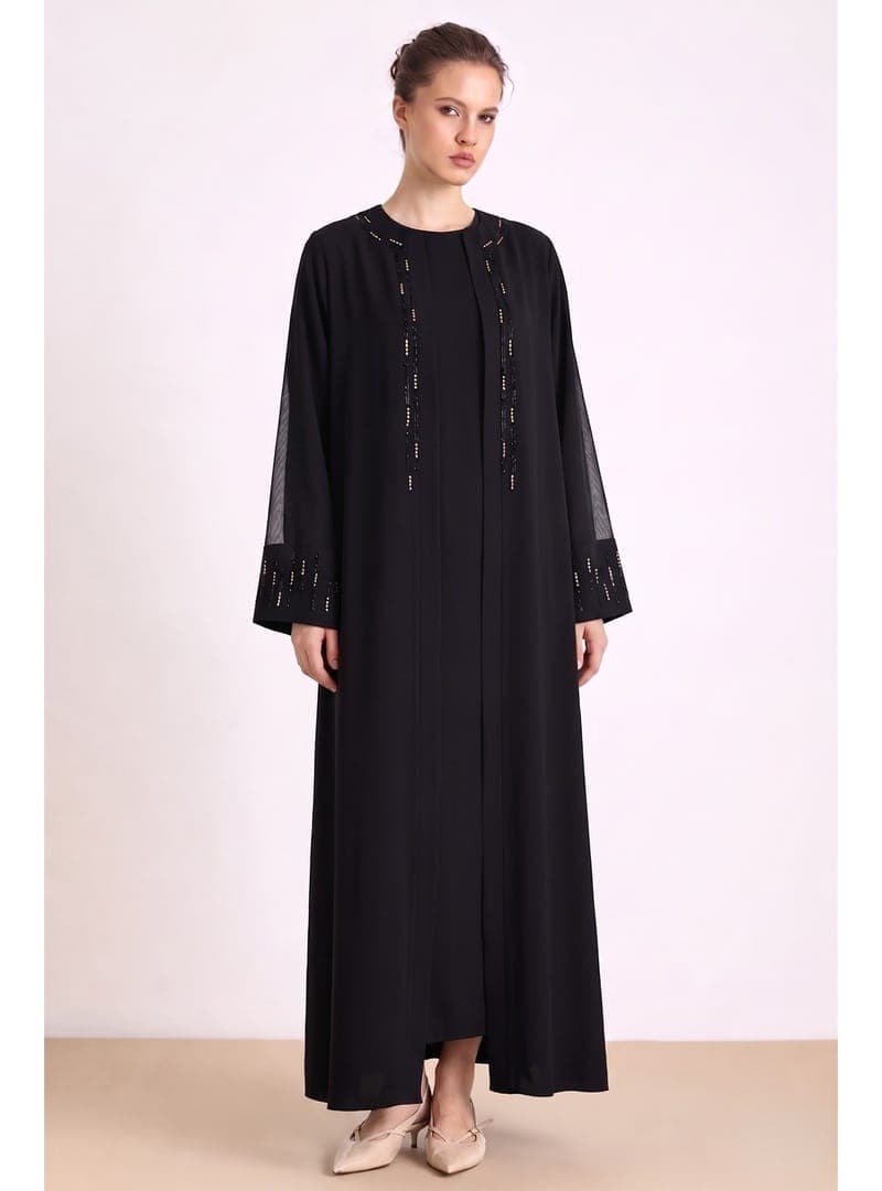 Taş ve Tül Detaylı Abaya Takım Siyah
