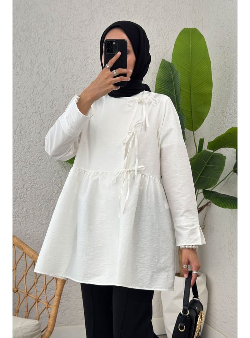Büzgülü Kimono Pamuklu Beyaz