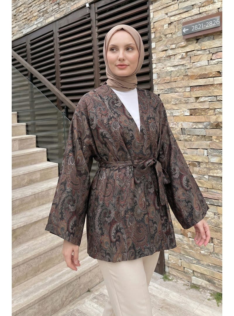 Şal Desen Kuşaklı Kimono 2375 Koyu Kahve