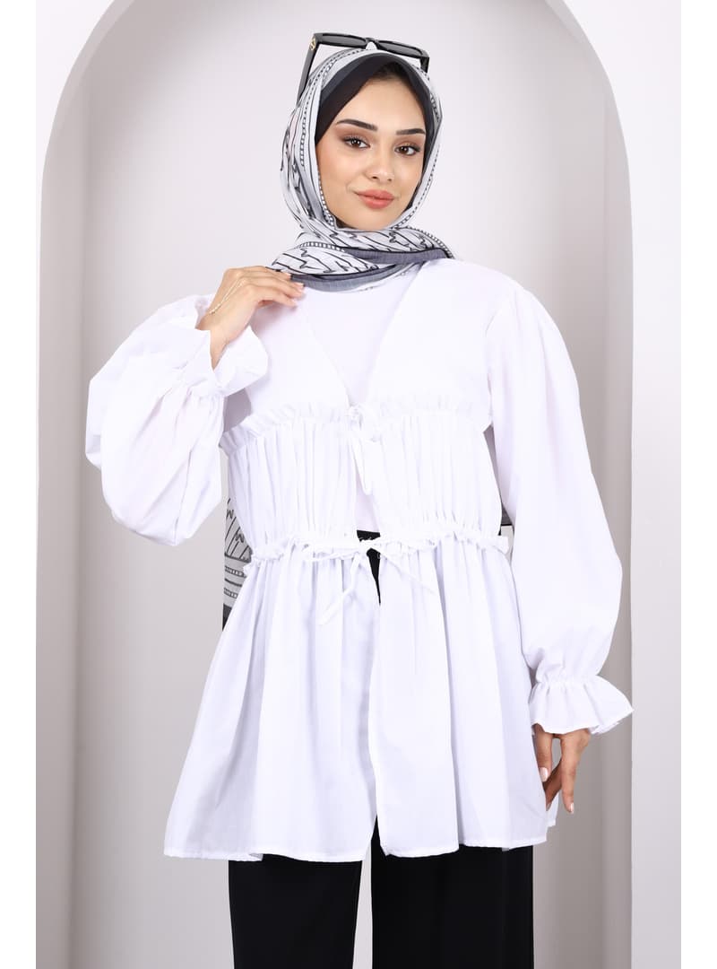 Beyaz Bağlamalı Fırfırlı Kimono