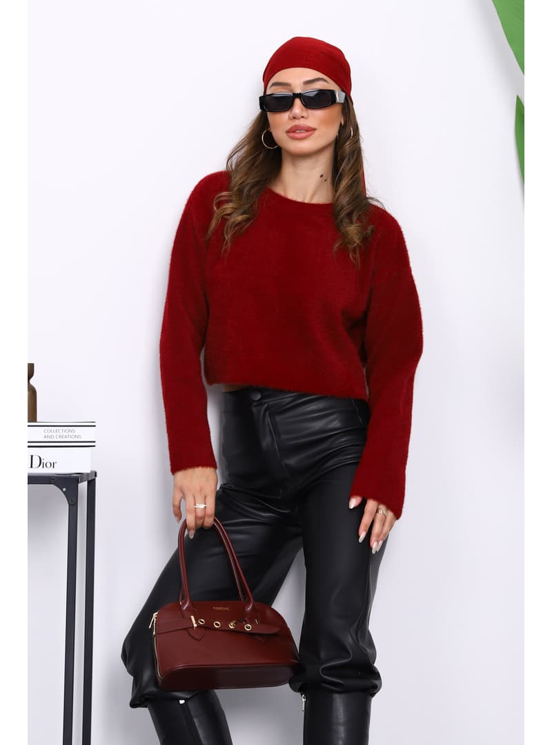 Bordo Bisiklet Yaka Angora Yumoş Crop Triko Kazak