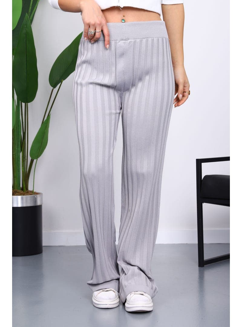 Gri Yüksek Bel Fitilli Triko Bol Paça Pantolon Gri