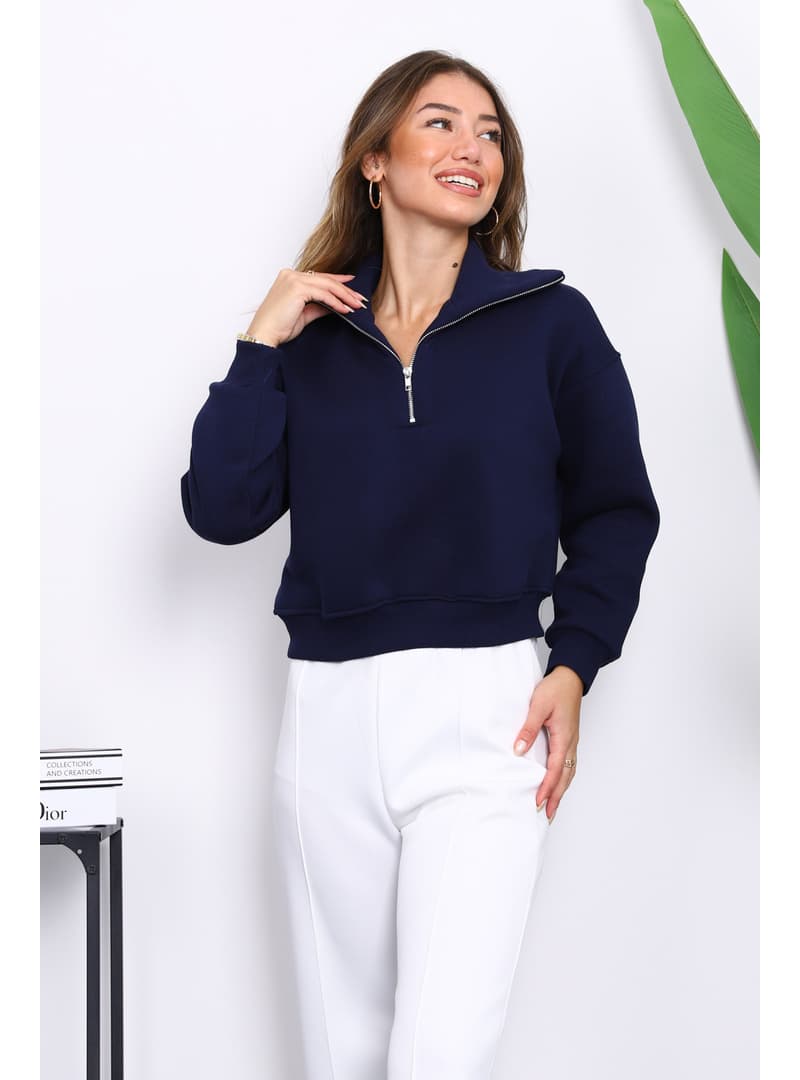 Lacivert Fermuarlı Crop Sweat