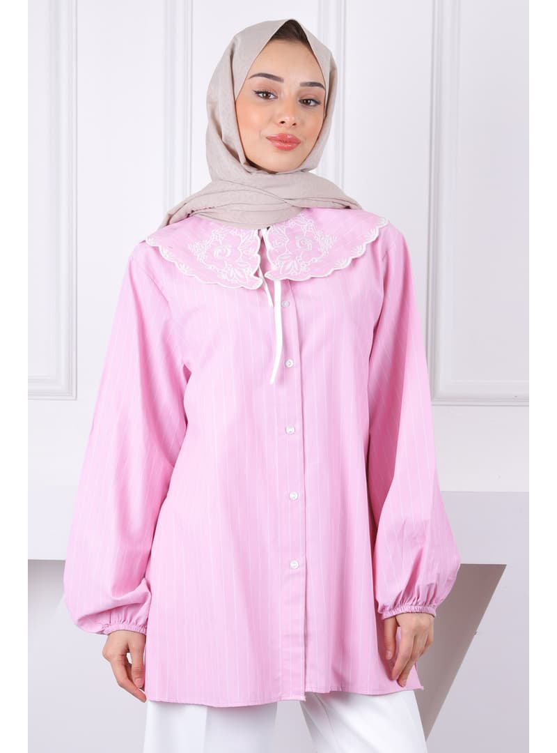 Pembe Yaka Detaylı Pamuklu Gömlek