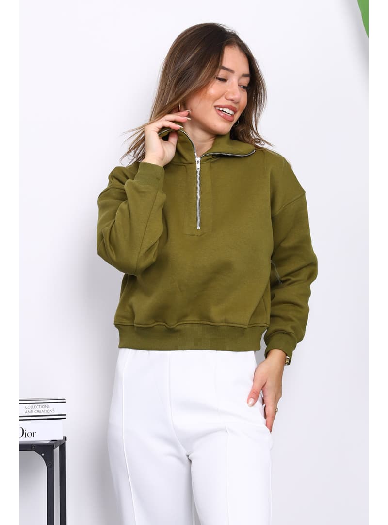 Yağ Yeşili Fermuarlı Crop Sweat