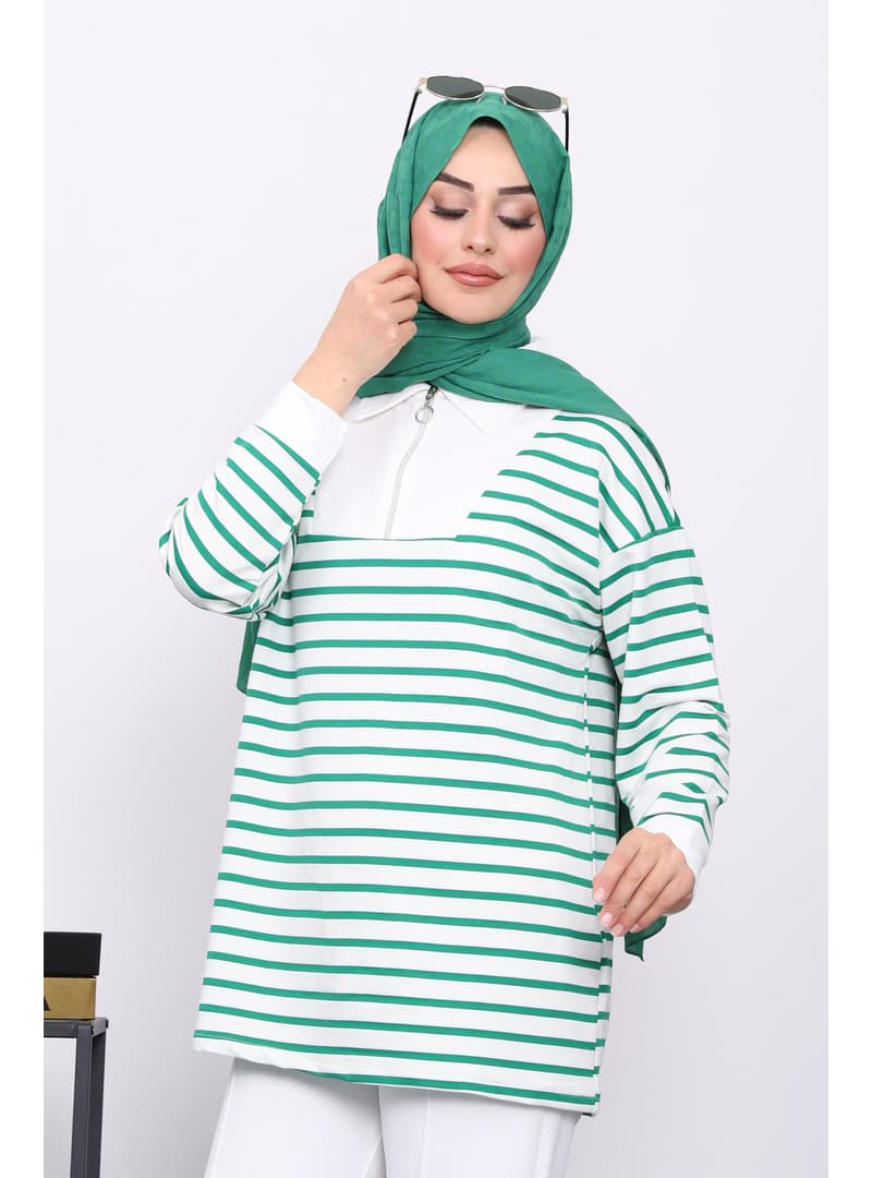 Yeşil Çizgili Fermuarlı İki İplik Sweatshirt