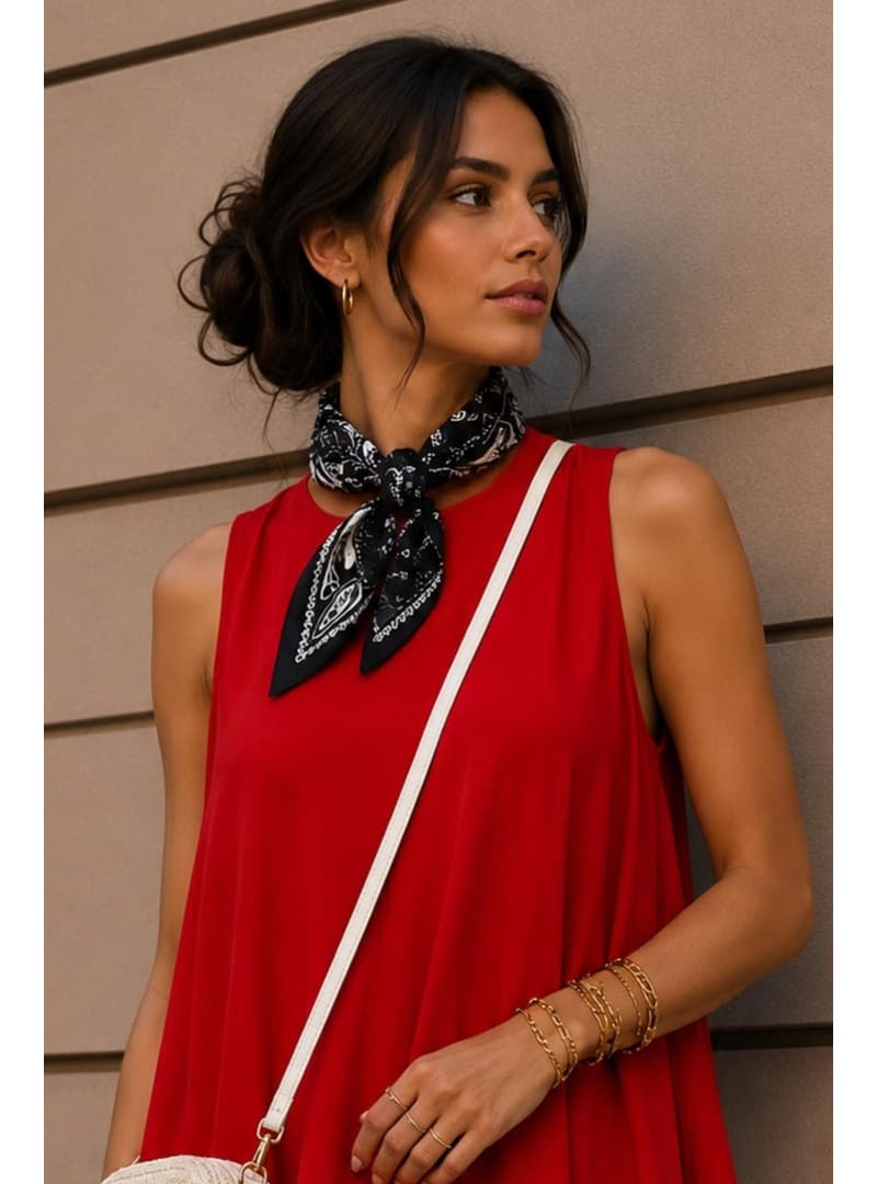 Damla Desen Siyah Beyaz Soft Bandana Fular 50x50 cm