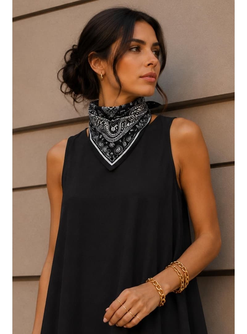 Paisley Desen Siyah Gümüş Soft Bandana Fular 50x50 cm