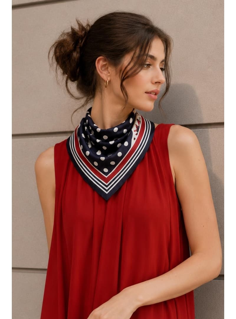 Puantiye Çerçeve Desen Siyah Kırmızı Soft Bandana Fular 50x50 cm