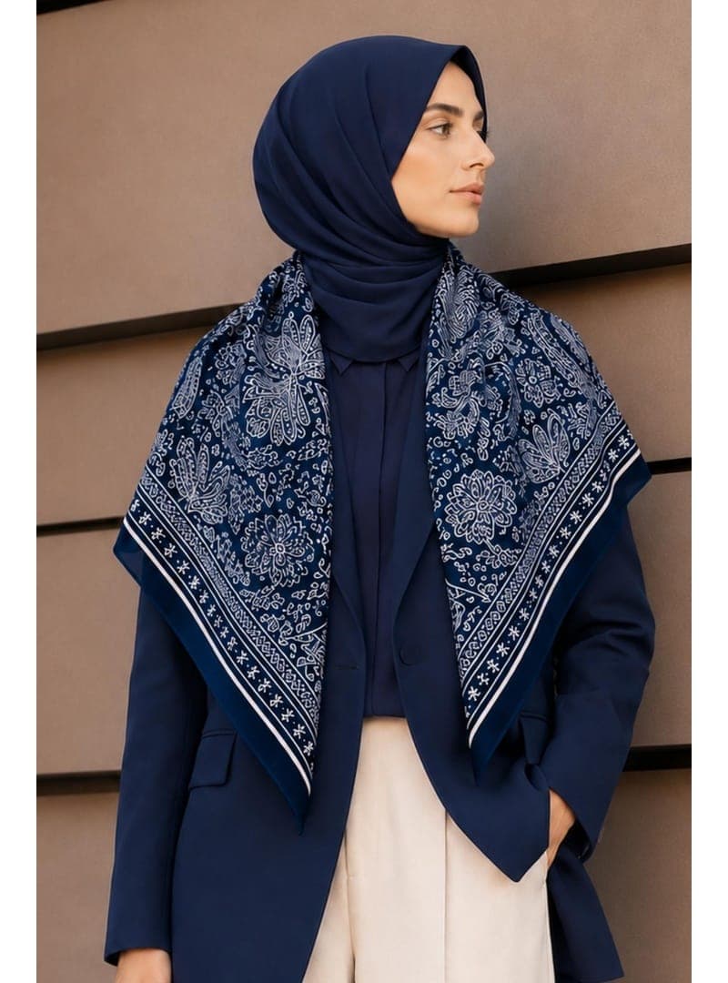 Şal Desen Lacivert Krem Soft Fular Eşarp 90x90 cm