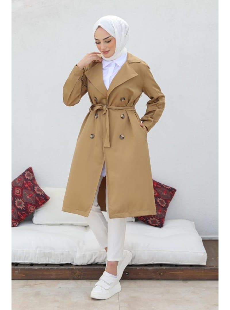 Tesettür Trençkot Camel Benguen