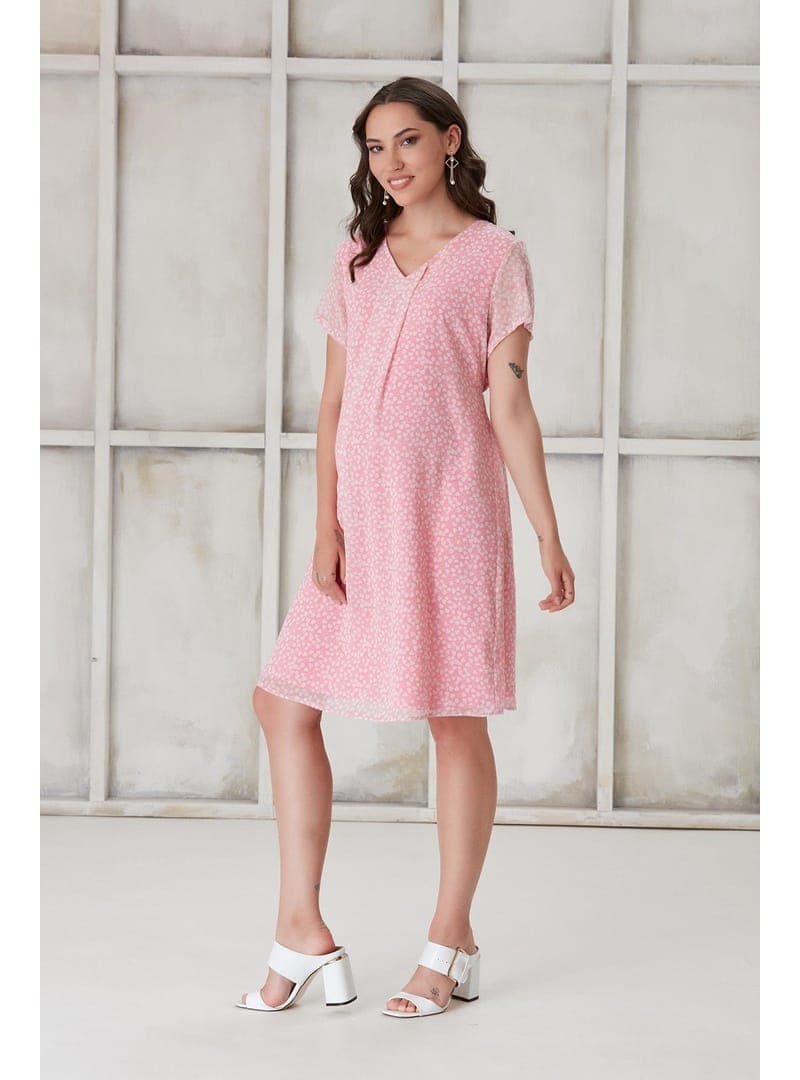 Pileli Kalp Desen Hamile Mini Şifon Elbise Pembe