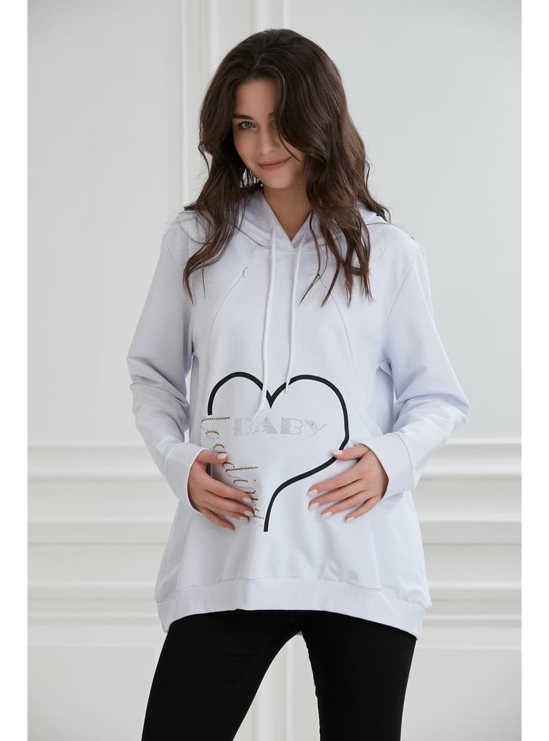 Emzirme Detay Hamile Sweatshirt Beyaz