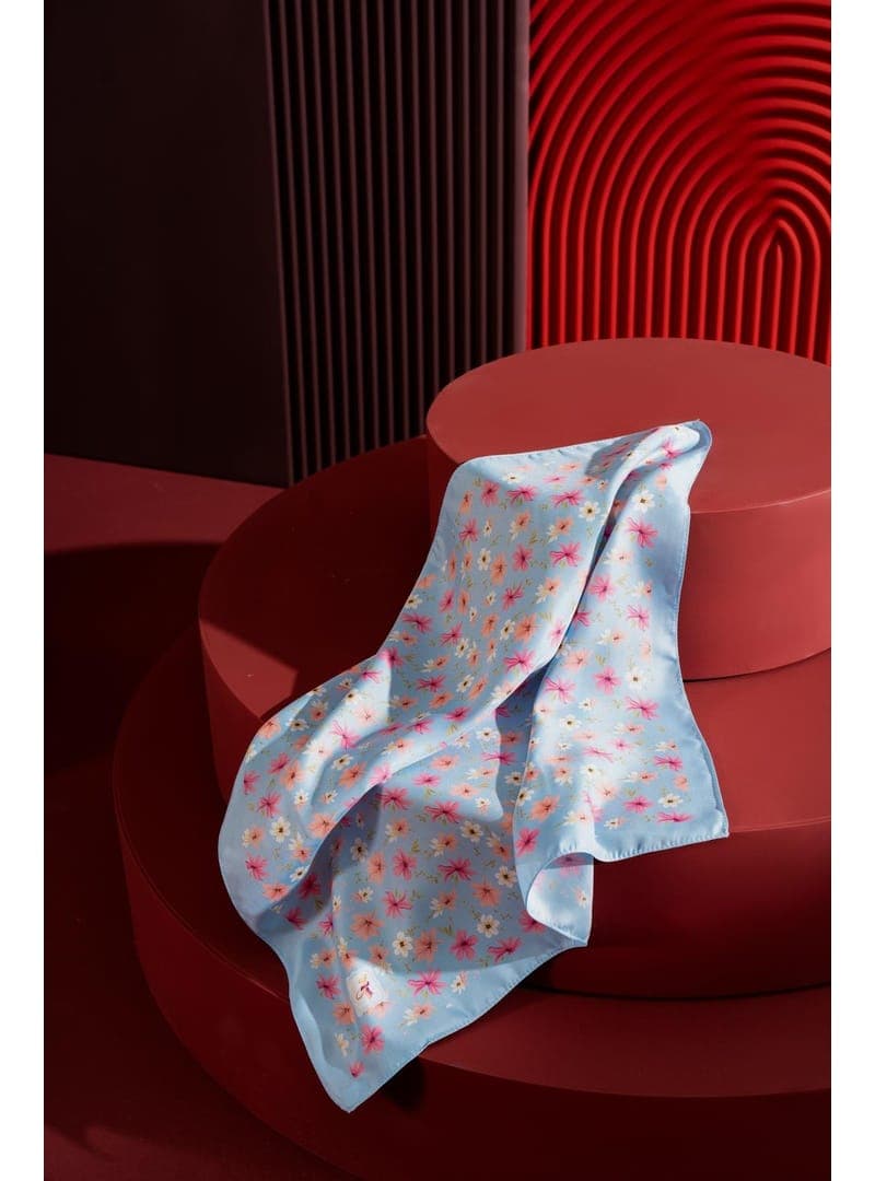 Kadın Çiçek Desenli 55x55 cm Bandana Fular Bebe Mavi