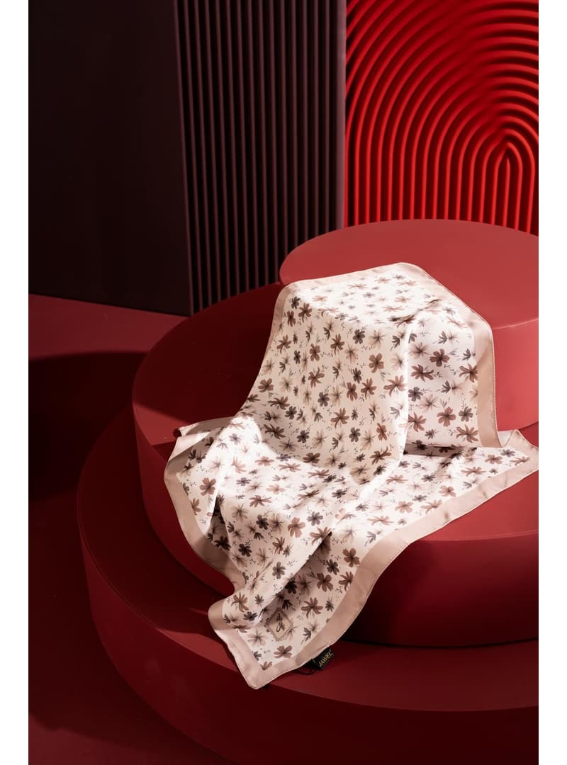 Kadın Çiçek Desenli 55x55 cm Bandana Fular Krem