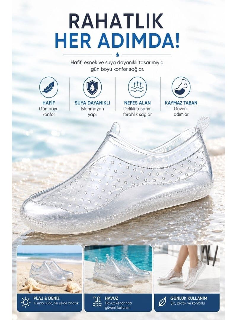 Muggo BEACH Unisex Kaymaz Taban Şeffaf Deniz Havuz Plaj Ayakkabısı Şeffaf