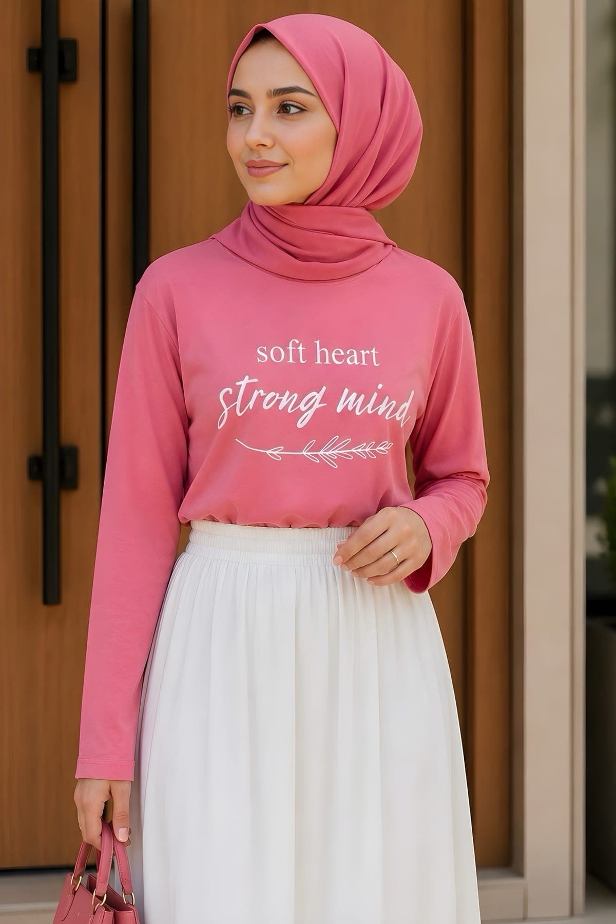Pembe Bisiklet Yaka Baskılı Penye Body