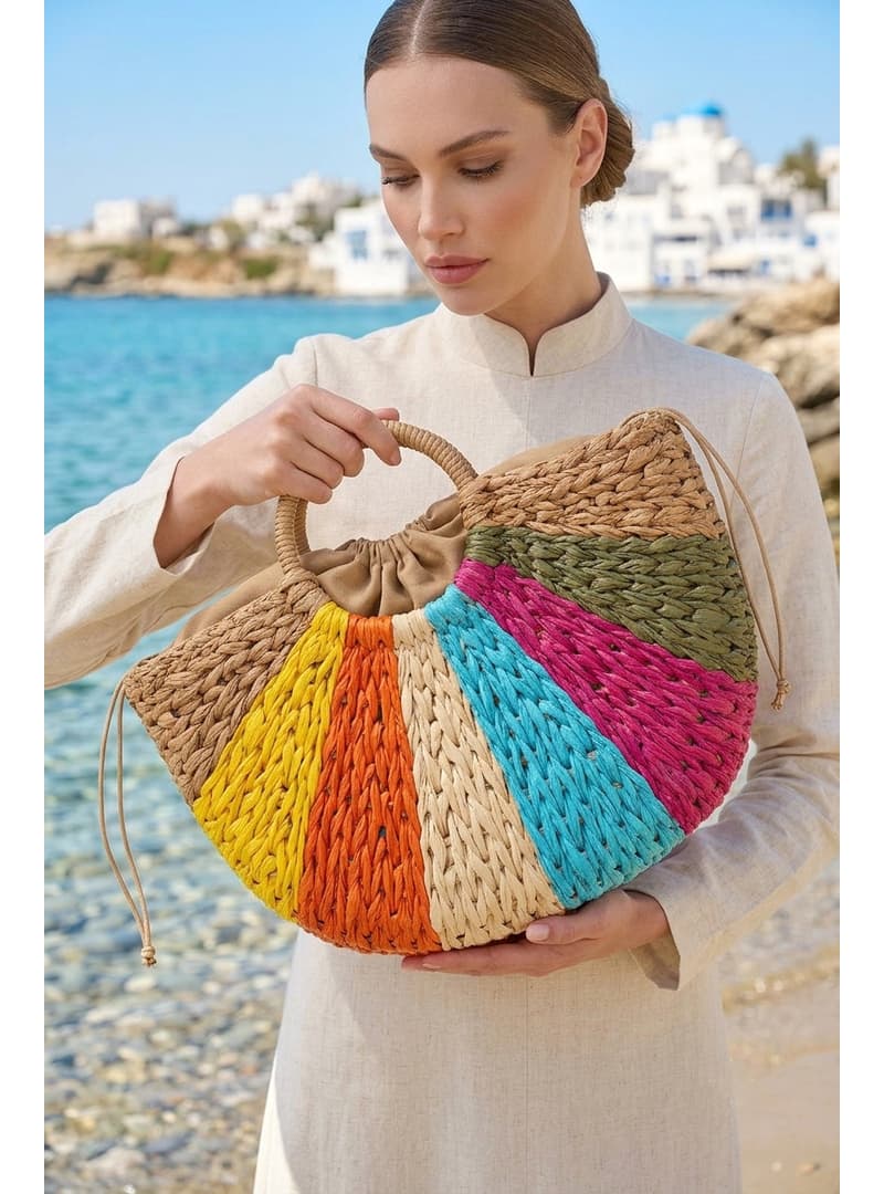 Renk Bloklu Camel Hasır Çanta CNT2609