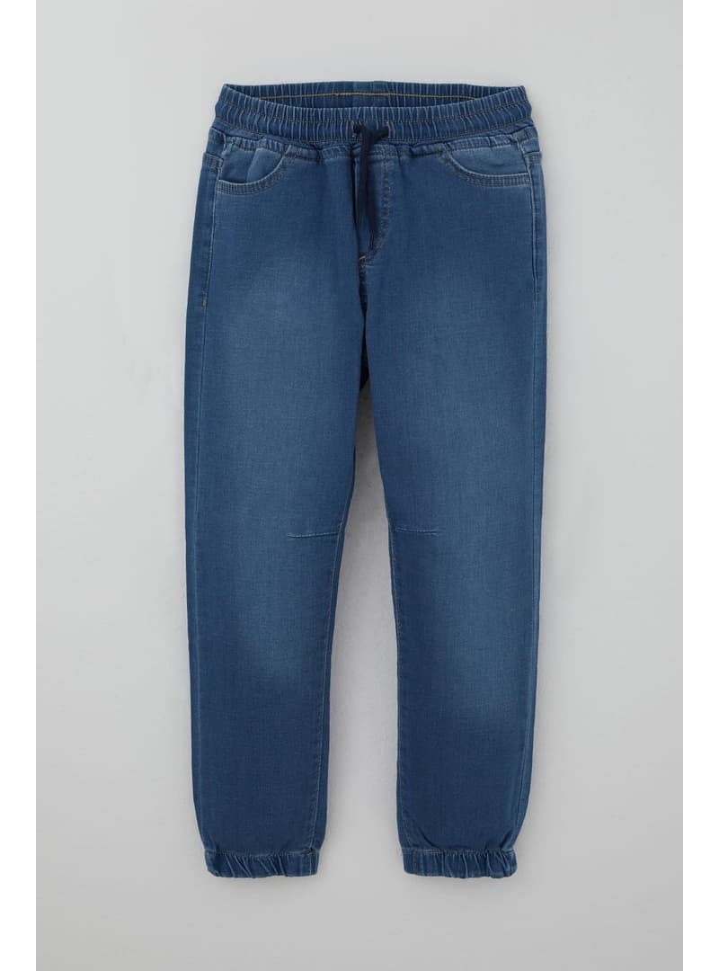Erkek Çocuk Jean Pantolon Lastikli Paçalı Bağcıklı Mavi