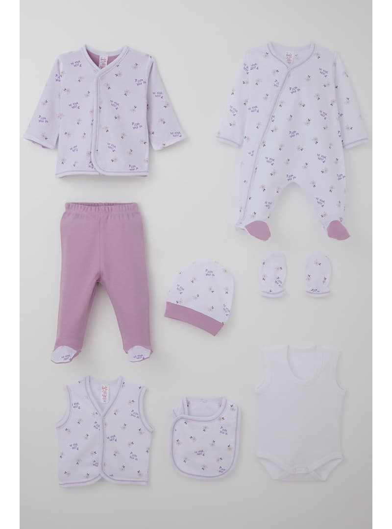 Breeze Kız Bebek Hastane Çıkışı 8 Li Çiçek Yazı Desenli 0 3 Ay Beyaz