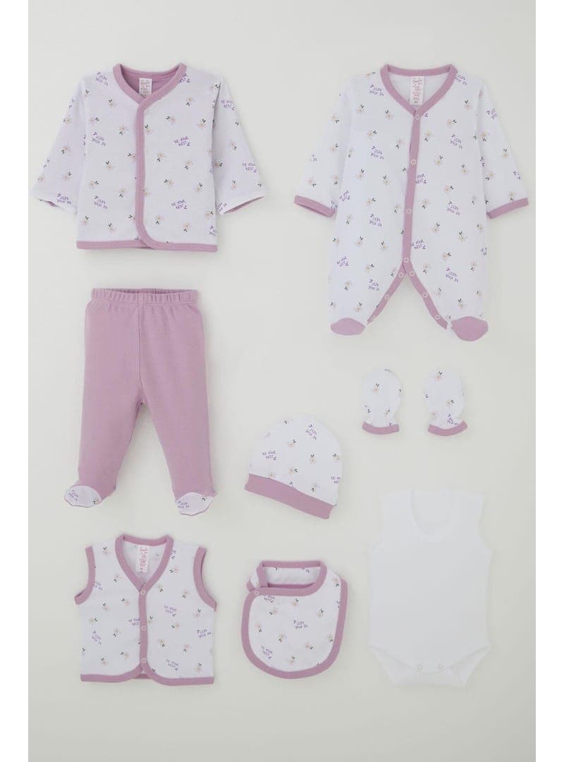Breeze Kız Bebek Hastane Çıkışı 8 Li Çiçek Yazı Desenli 0 3 Ay Beyaz