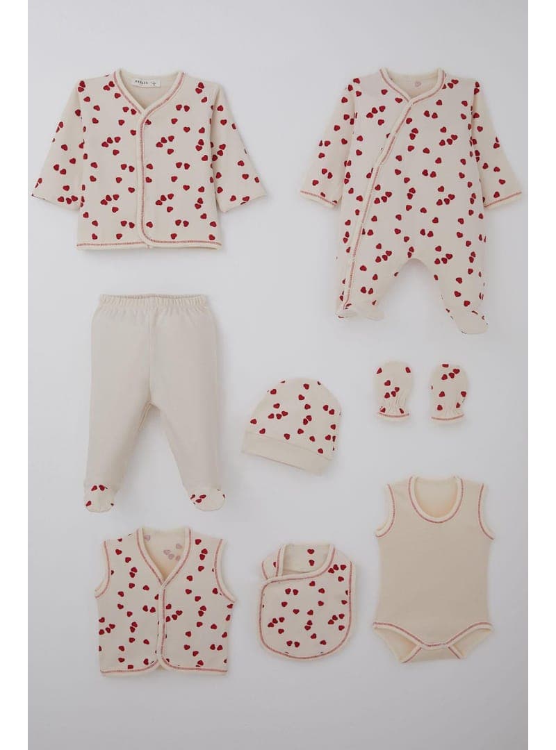 Breeze Kız Bebek Hastane Çıkışı 8 Li Sevgi Temalı Kalp Desenli 0 3 Ay Krem
