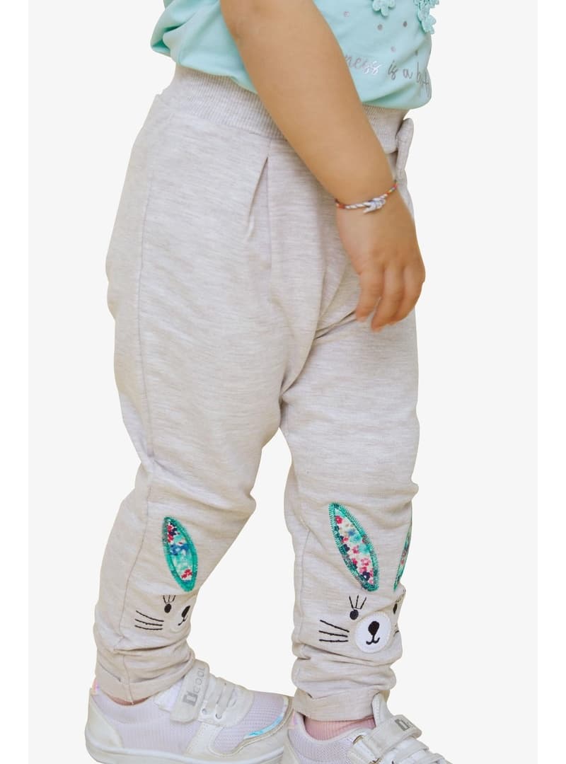 Kız Bebek Tavşan Nakışlı Tayt Pantolon Bej