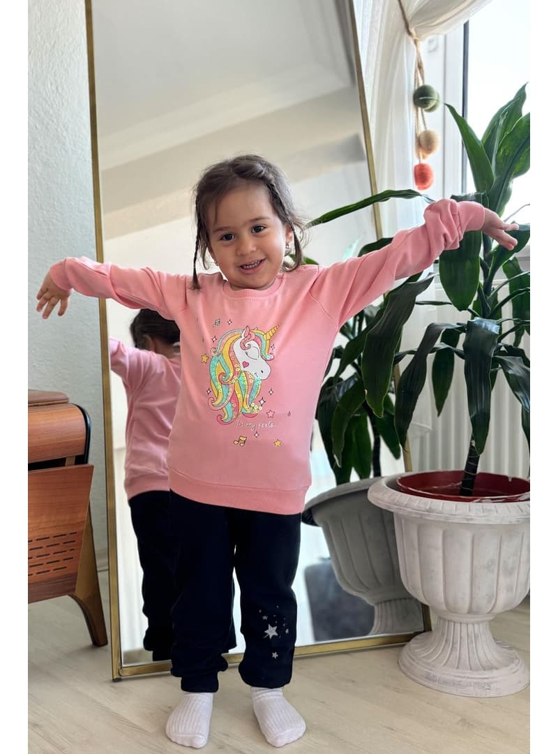 Kız Çocuk Unicorn Baskılı Pullu Sweatshirt Somon