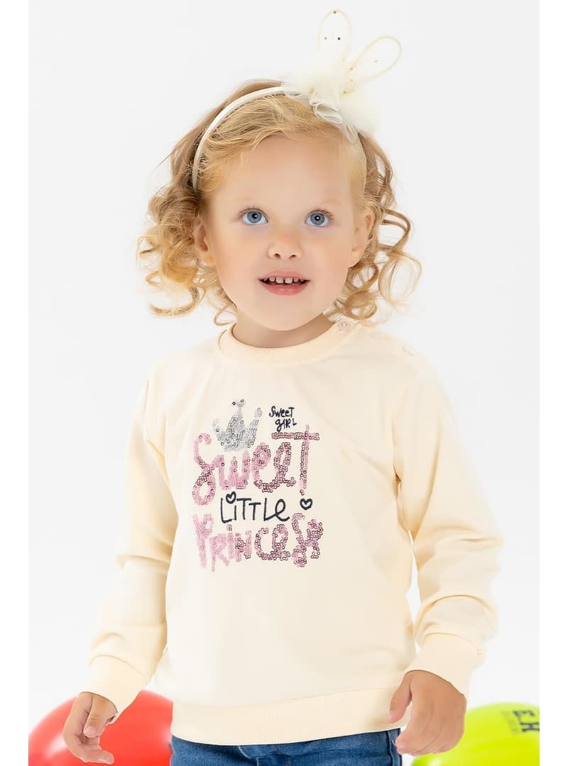 Kız Çocuk Nakışlı Pullu Sweatshirt Krem