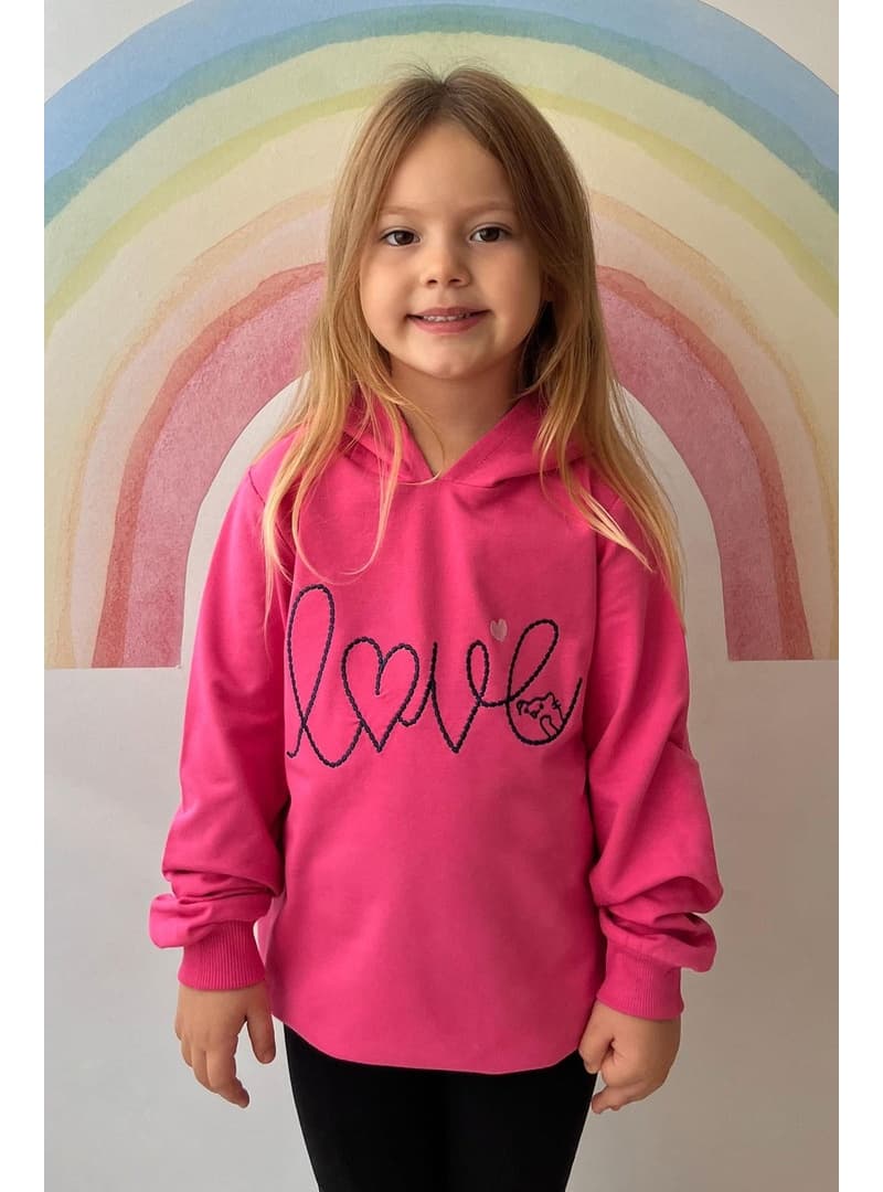 Kız Çocuk Nakışlı Kapüşonlu Sweatshirt Pembe