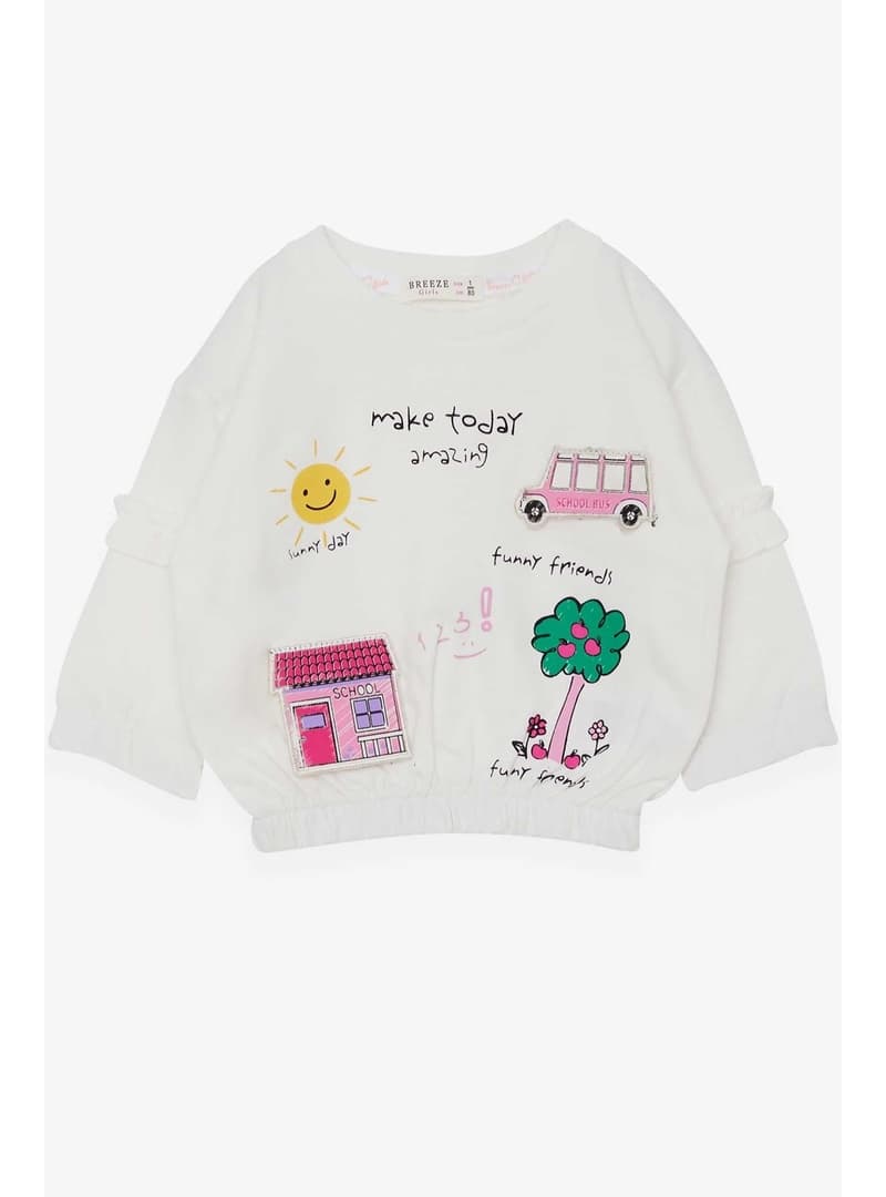 Kız Çocuk Okul Temalı Fırfır Kollu Sweatshirt Ekru