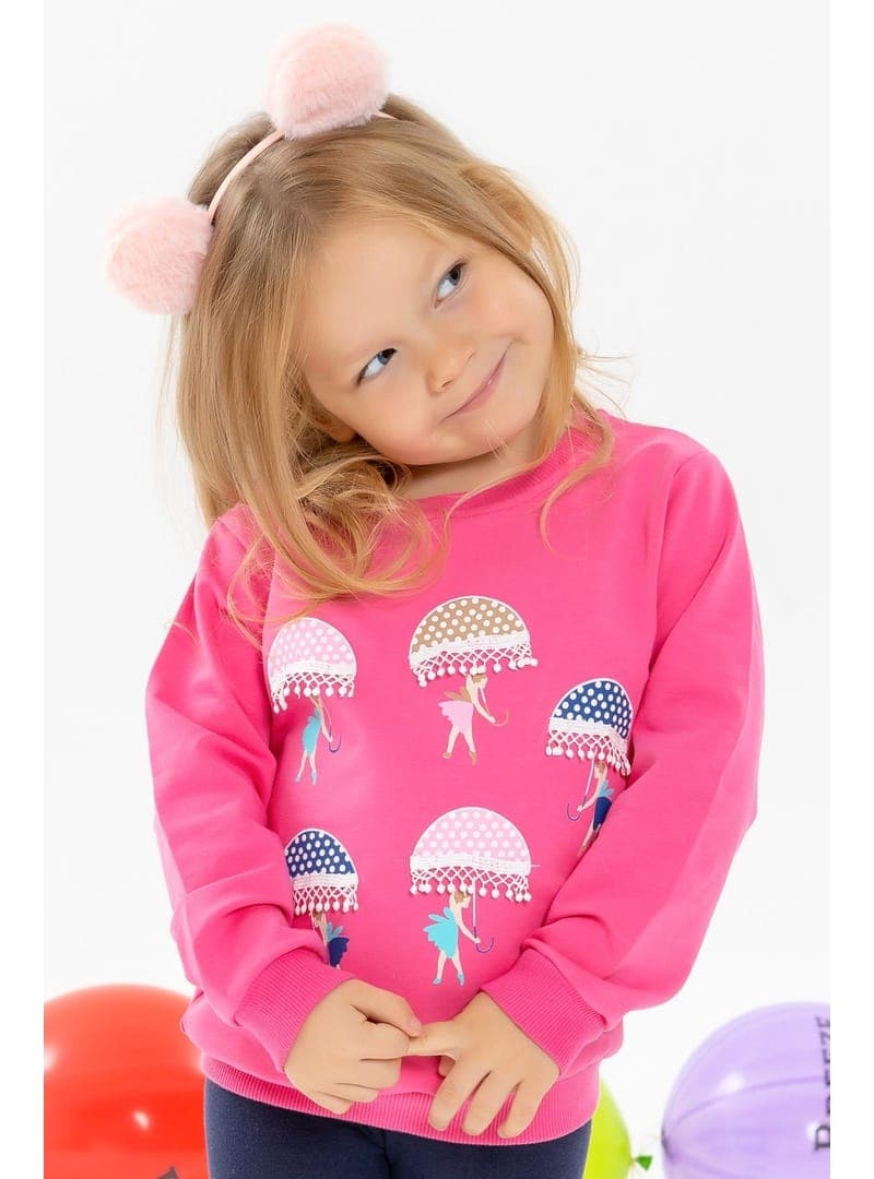 Kız Çocuk Sweatshirt Şemsiyeli Baskılı Pembe
