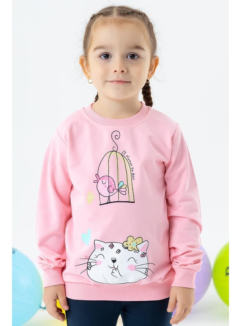 Kız Çocuk Simli Kedicik Baskılı Sweatshirt Pudra