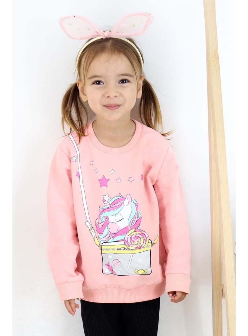 Kız Çocuk Unicorn Baskılı Sweatshirt Somon