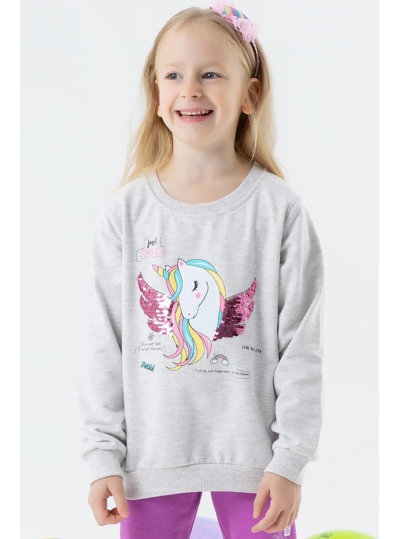 Kız Çocuk Unicorn Baskılı Sweatshirt Gri Melanj