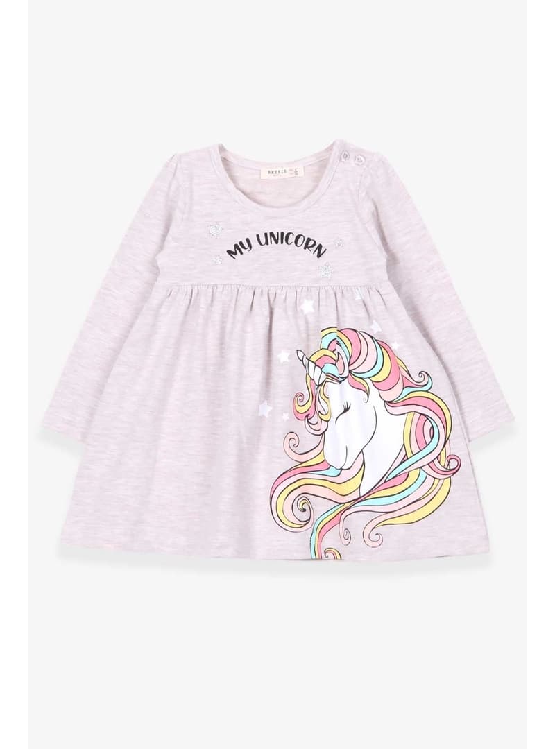 Kız Çocuk Unicorn Baskılı Uzun Kollu Penye Elbise Bej