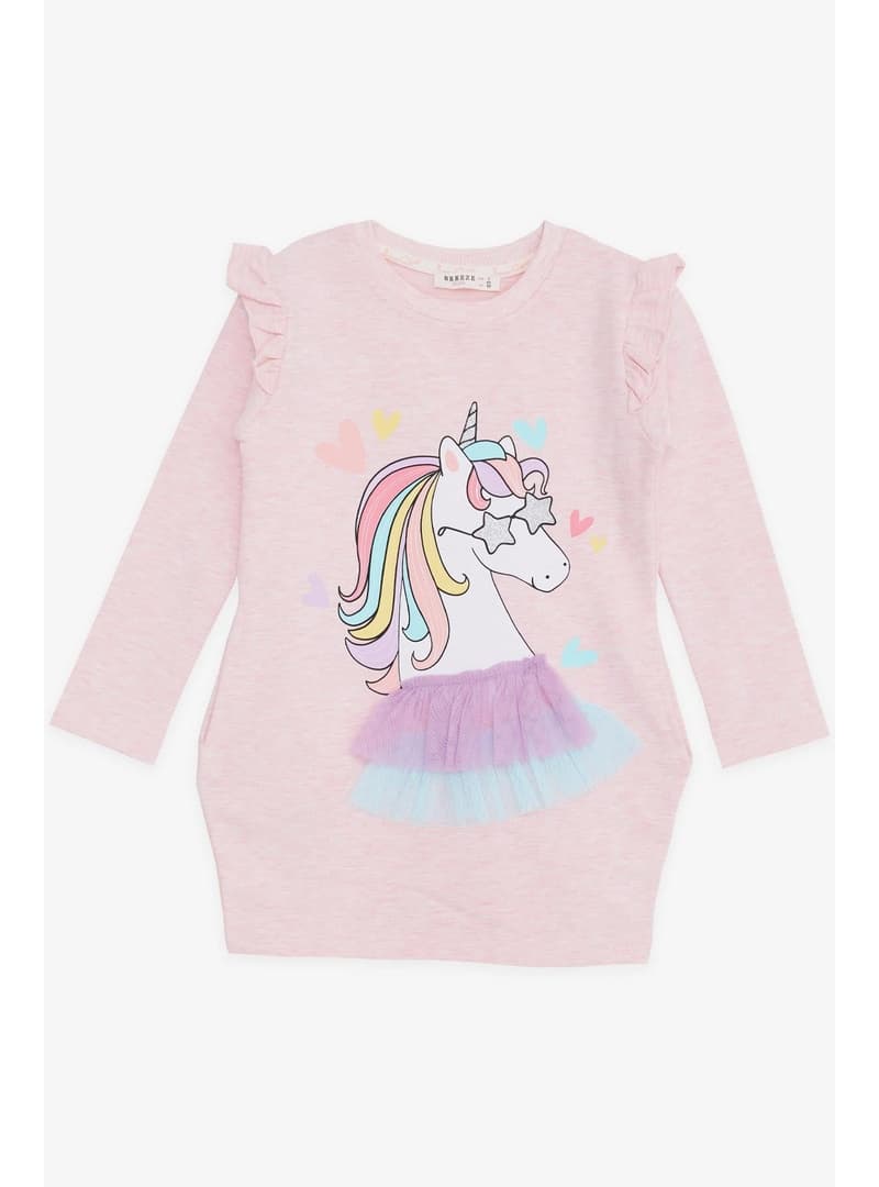 Kız Çocuk Unicorn Baskılı Uzun Kollu Elbise Somon Melanj