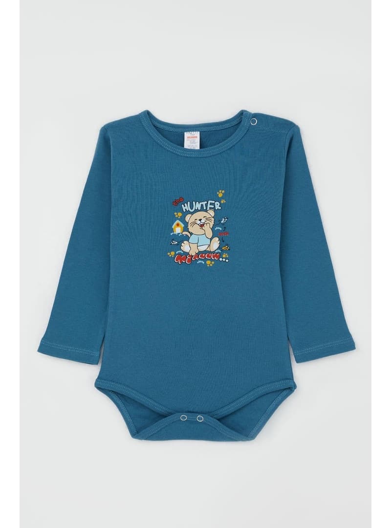 Breeze Erkek Bebek Body Avcı Kedicik Baskılı İndigo