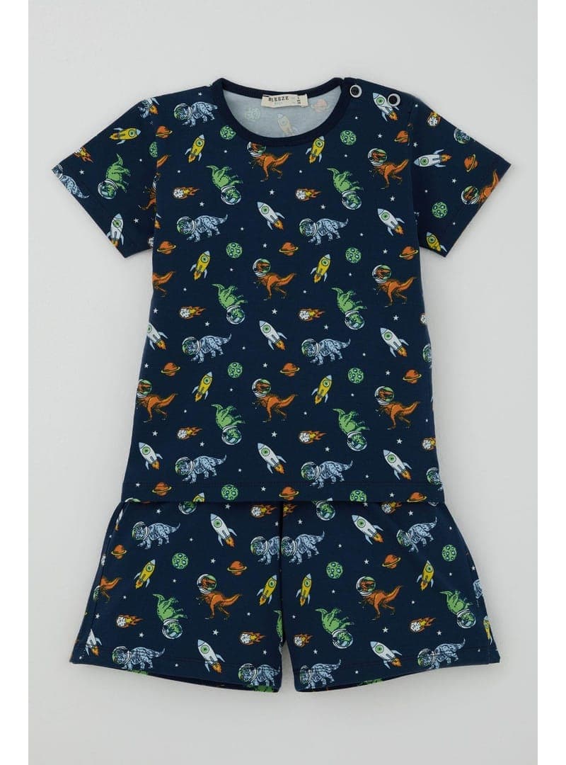 Breeze Erkek Bebek Şortlu Pijama Takımı Uzay Temalı Astronot Dinozor Desenli Lacivert