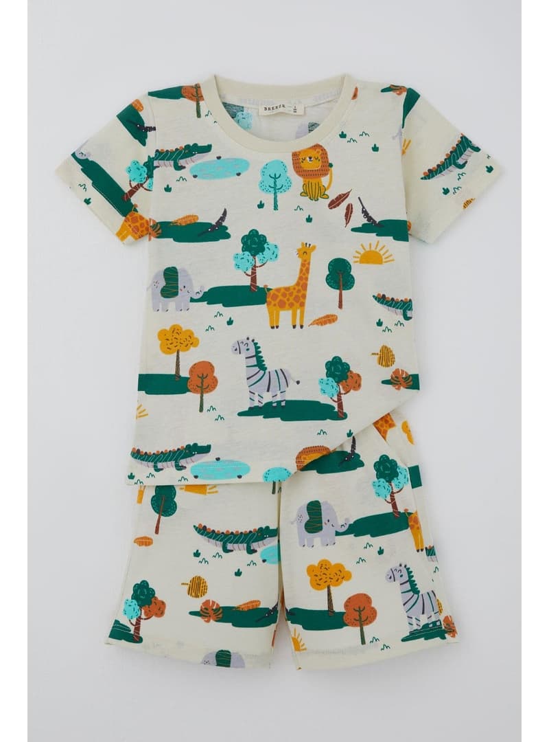 Breeze Erkek Çocuk Şortlu Pijama Takımı Safari Temalı Sevmli Hayvancıklar Desenli 1.5-5 Yaş Sarı
