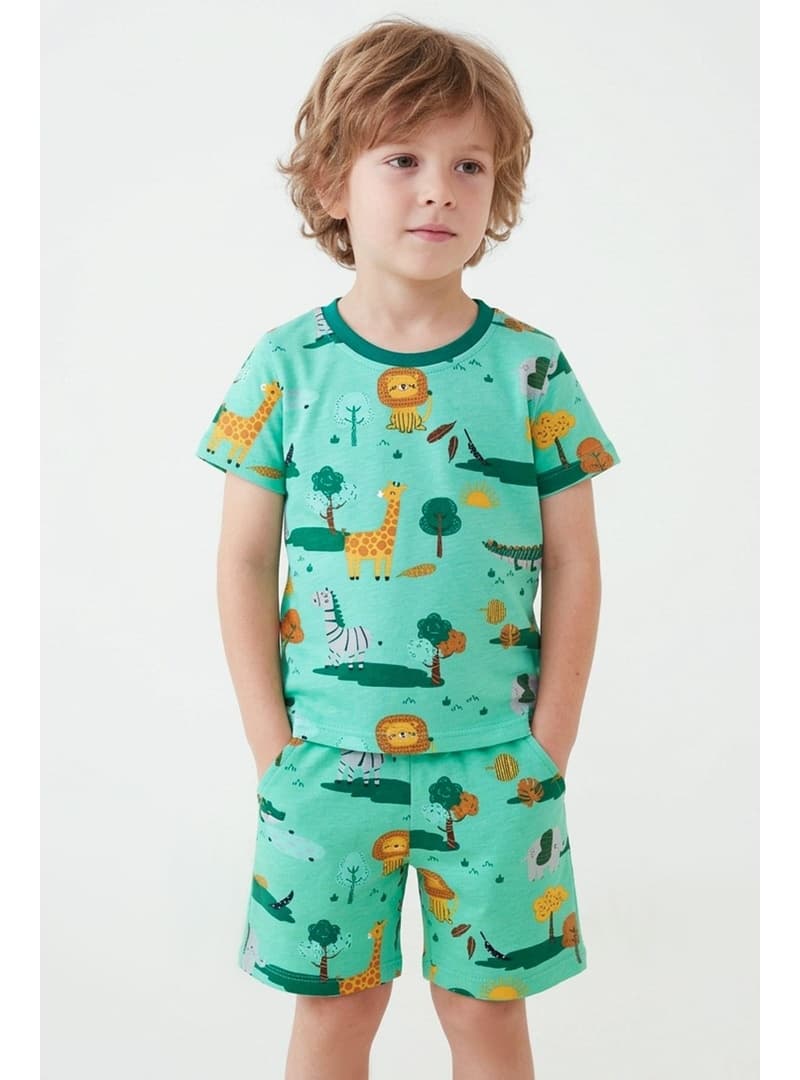 Breeze Erkek Çocuk Şortlu Pijama Takımı Safari Temalı Sevimli Hayvancıklar Desenli Yeşil