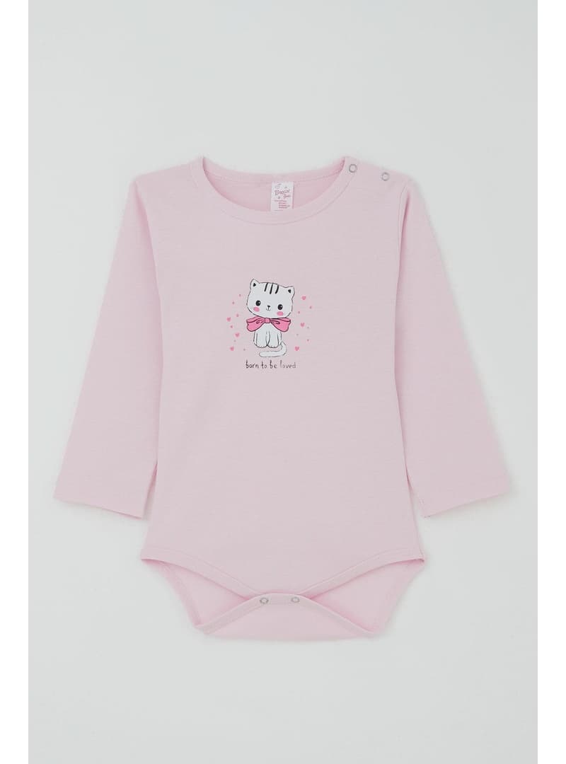 Kız Bebek Kedi Baskılı Çıtçıtlı Zıbın Pembe