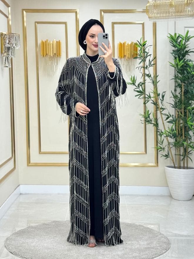 Işıltı Sacaklı İthal Abaya Gümüş