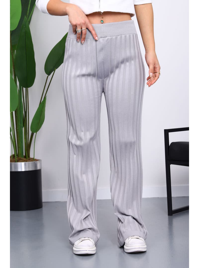 Gri Yüksek Bel Fitilli Triko Bol Paça Pantolon Gri