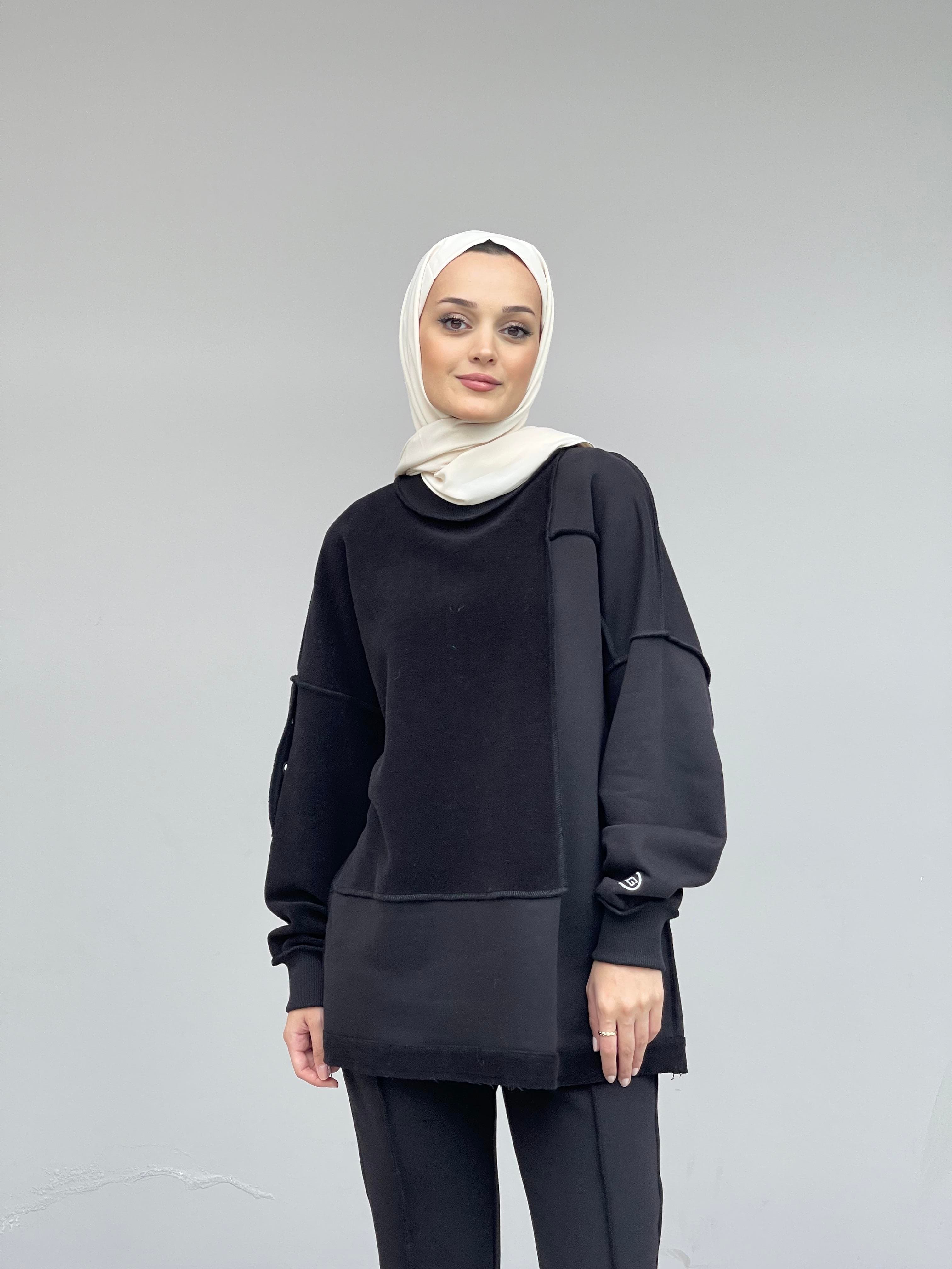 Siyah Dikiş Detaylı Dioganal Örme İkili Takım