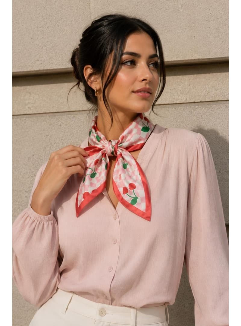 Retro Kiraz Desen Pembe Kırmızı Soft Bandana Fular 50x50 cm