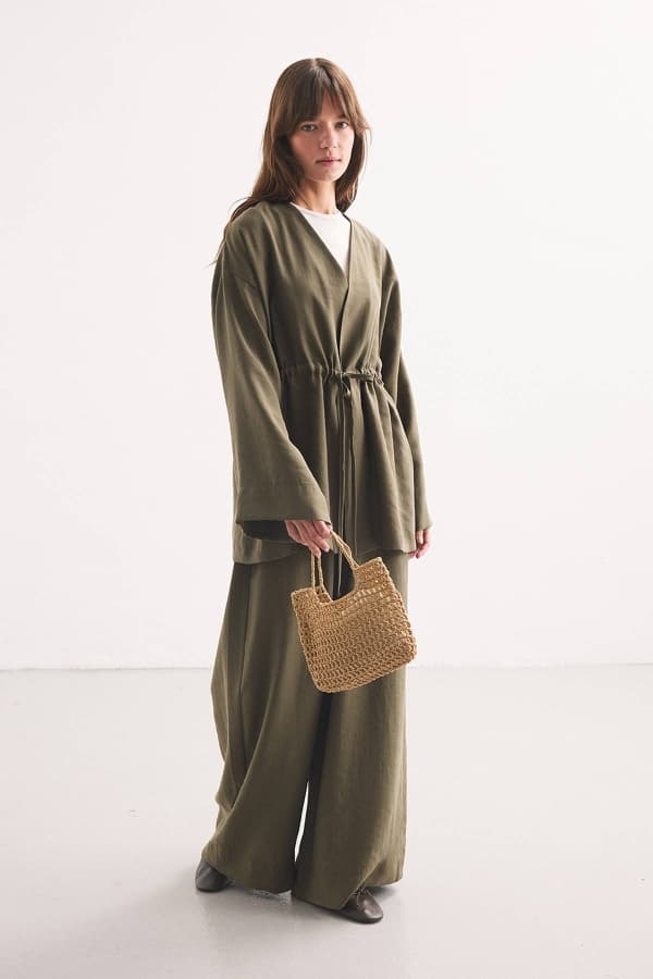 Önden Bağlama Detaylı Haki Kimono Pantolon Takım