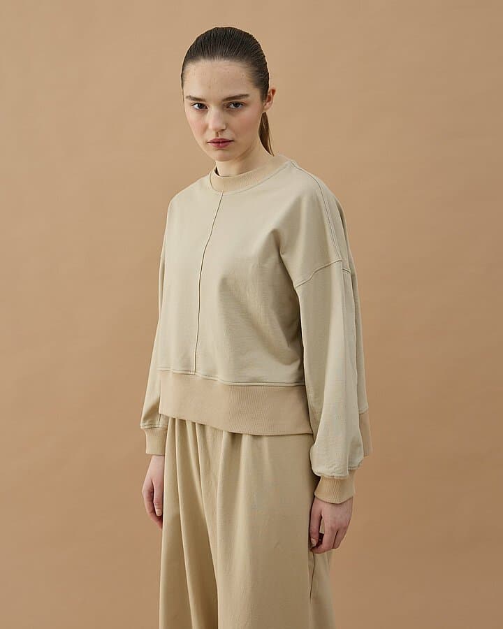 Cotton İki İplik Nervürlü Kesikli Dikişli Kısa Sweat Bej