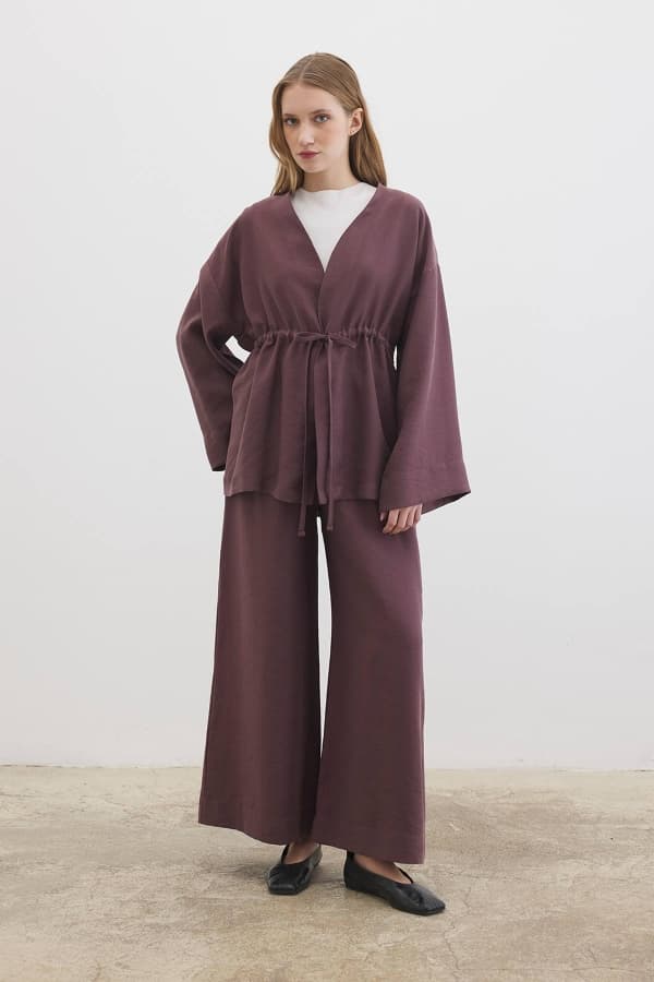 Önden Bağlama Detaylı Çikolata Kimono Pantolon Takım